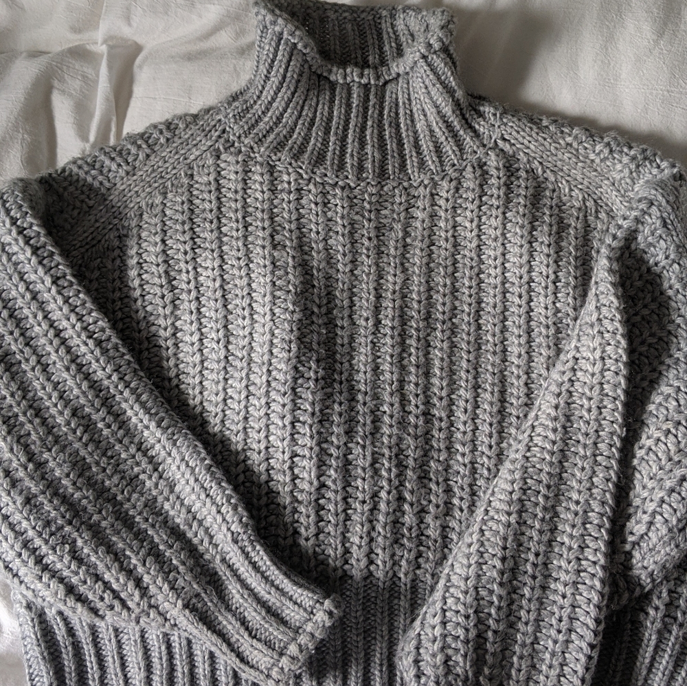 Grey Mock Neck Chunky Ribbed Knit Sweater